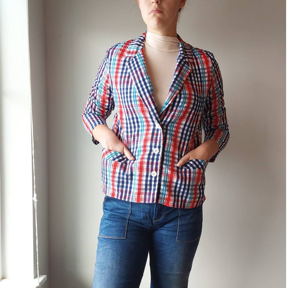 Vintage 70s Lightweight Plaid Seersucker Blazer - Picture 3 of 8